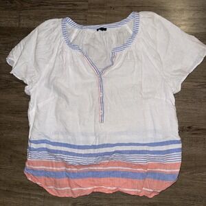 Talbots Plus 100% Linen Blouse Boho Top 1X White W/ Border Stripe